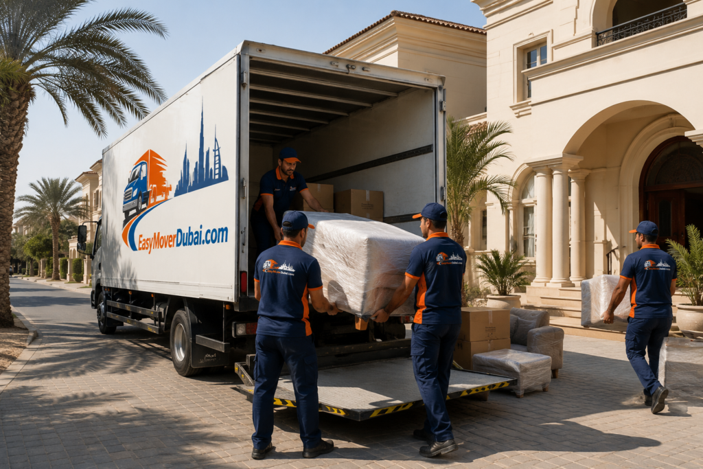 EasyMoverDubai.com moving crew loading furniture into truck outside luxury villa in Dubai during house relocation