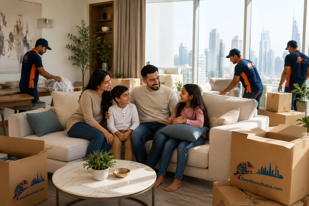 Happy family relaxing in new Dubai home after relocation with EasyMoverDubai.com movers arranging furniture in background