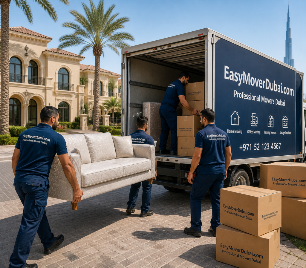 Team of movers loading furniture into moving truck outside luxury villa in Dubai, organized and professional relocation service