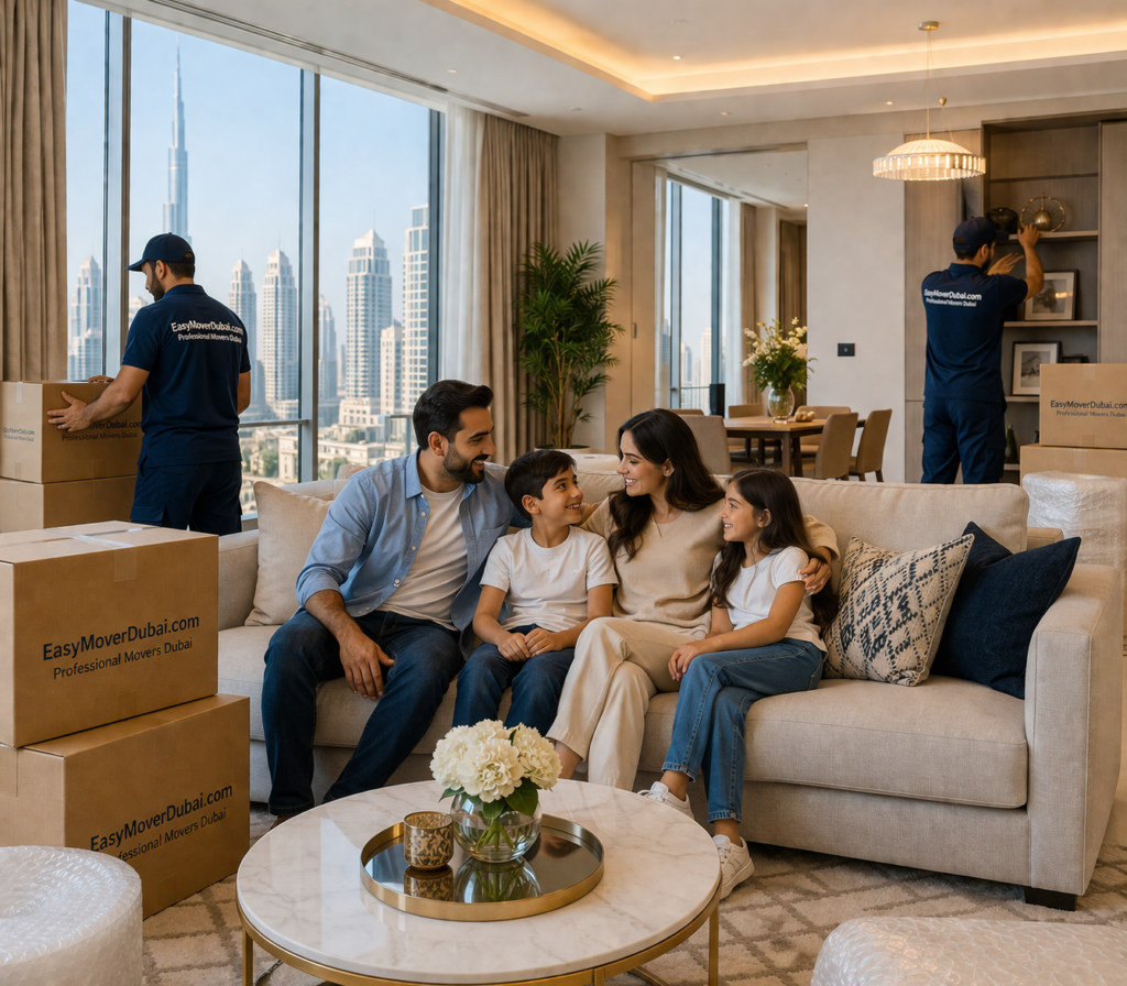 Happy family relaxing in new home after house shifting in Dubai with movers completing setup in background